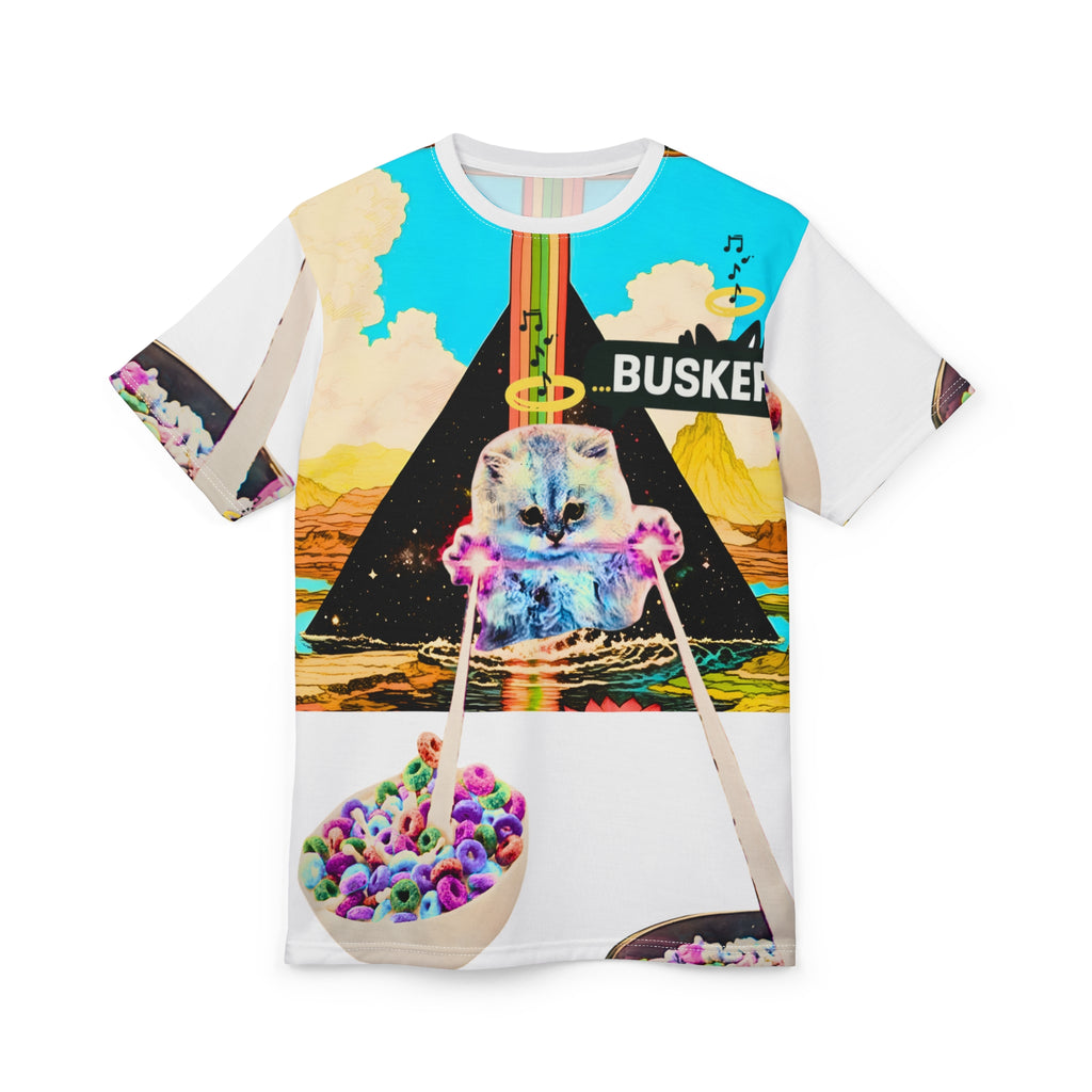 Colorful Cat & Cereal Unisex Tee, Fun Graphic Shirt, Unique Gift for Cat Lovers, Summer Fashion, Retro Vibe
