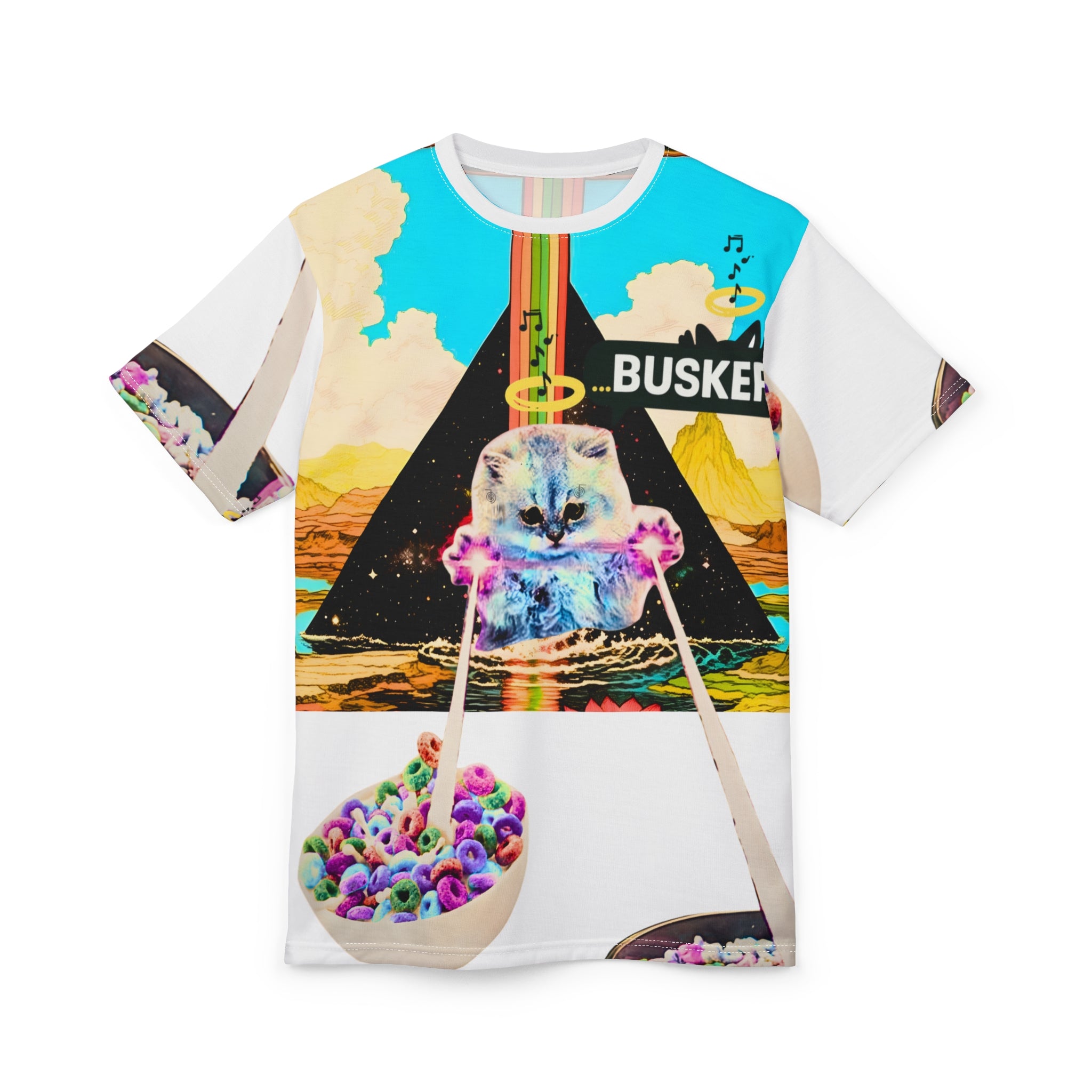 Colorful Cat & Cereal Unisex Tee, Fun Graphic Shirt, Unique Gift for Cat Lovers, Summer Fashion, Retro Vibe