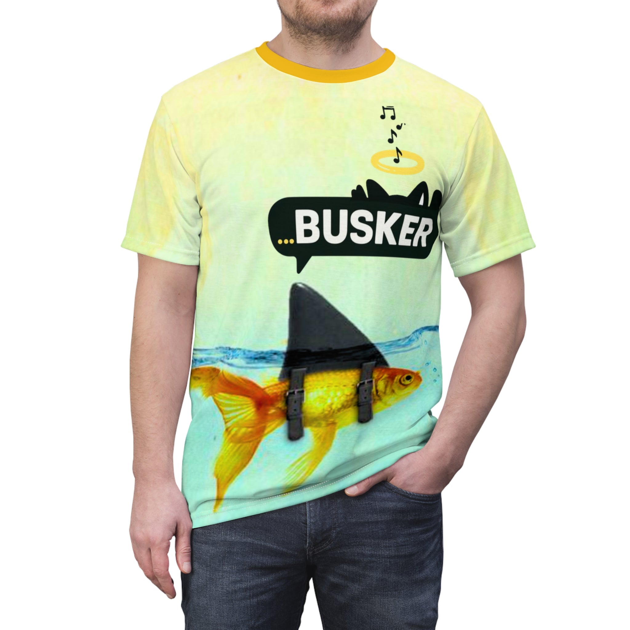 Goldfish Busker Unisex Tee, Fun Graphic T-Shirt, Music Lover Gift, Quirky Ocean Apparel, Summer Vibes Shirt, Unique Beachwear