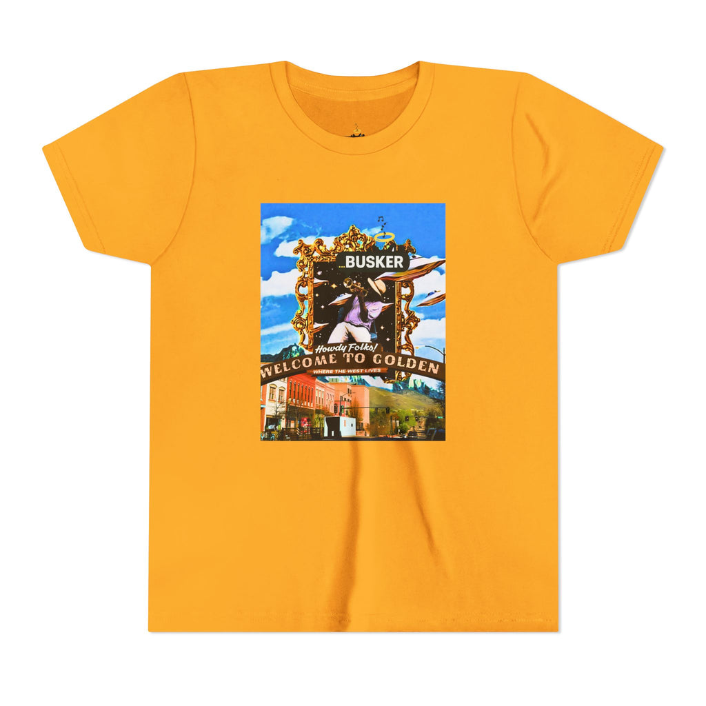Golden Busker Youth Tee, Summer T-Shirt, Kids Casual Wear, Music Festival Swag, Gift for Young Artists