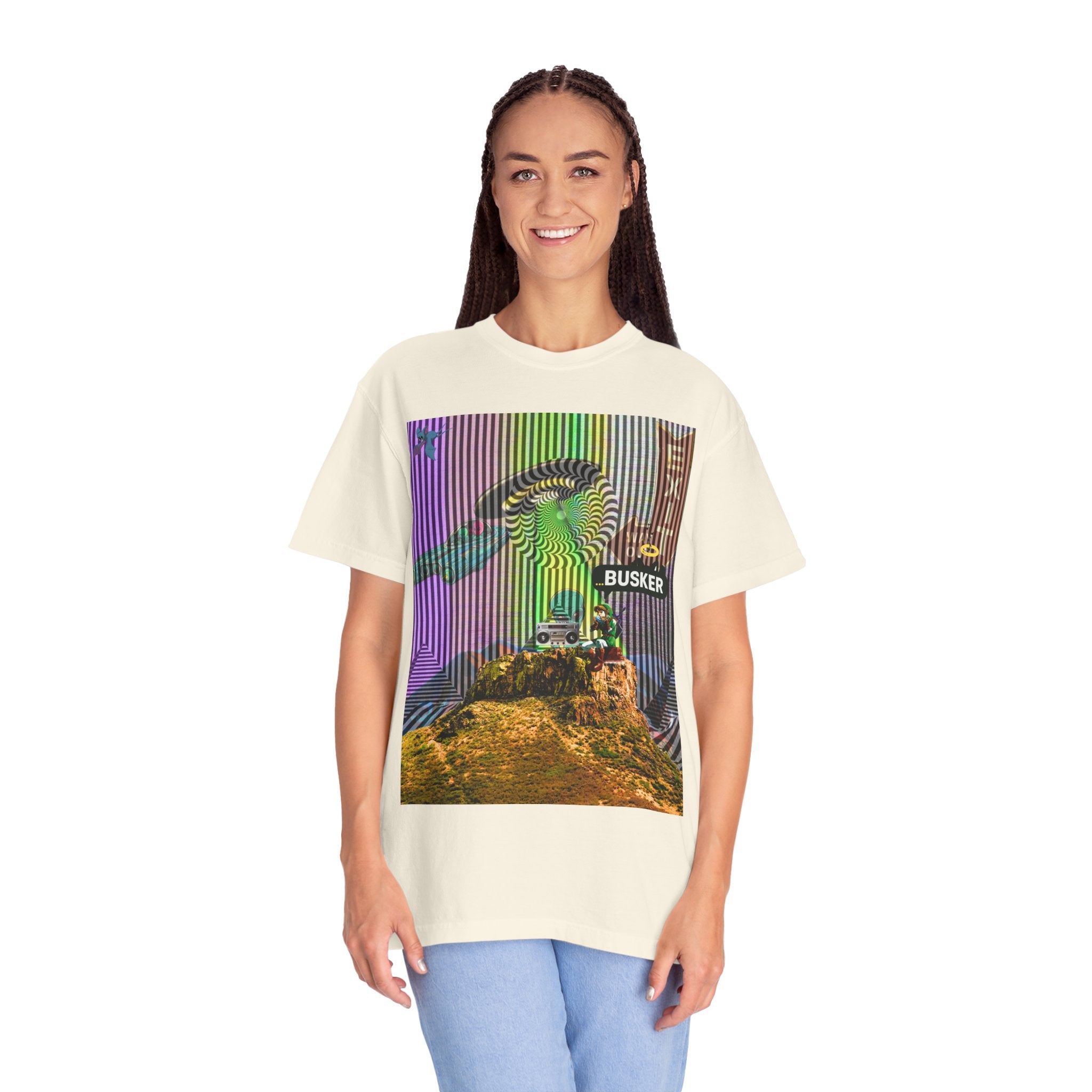 Psychedelic Busker T-Shirt, Unisex Graphic Tee, Music Lover Gift, Festival Wear, Casual Streetwear, Colorful Arttee