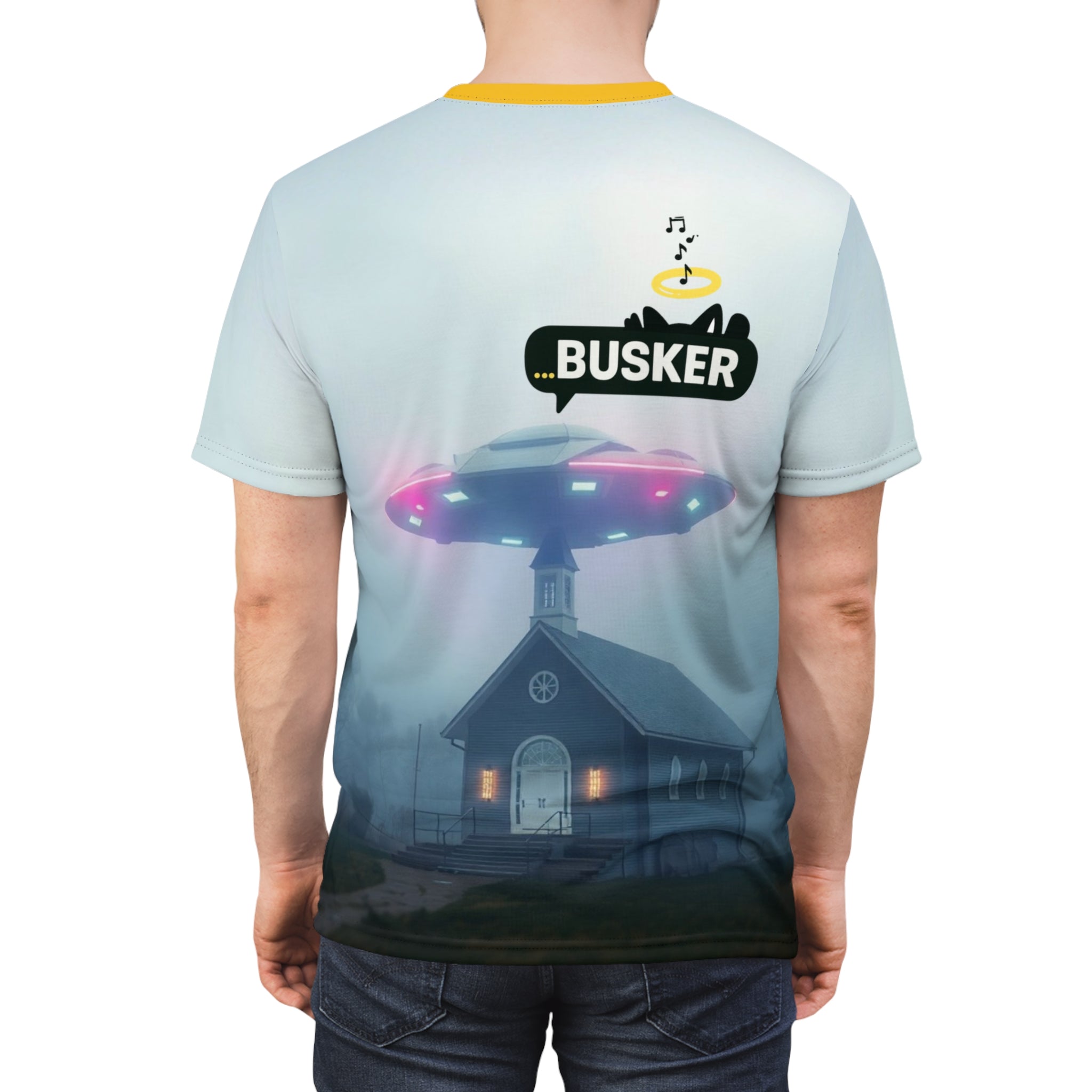 Cool Graphic Tee for Music Lovers | UFO Busker Design, Unique T-Shirt, Music Festival Wear, Quirky Gift, Unisex Casual Wear