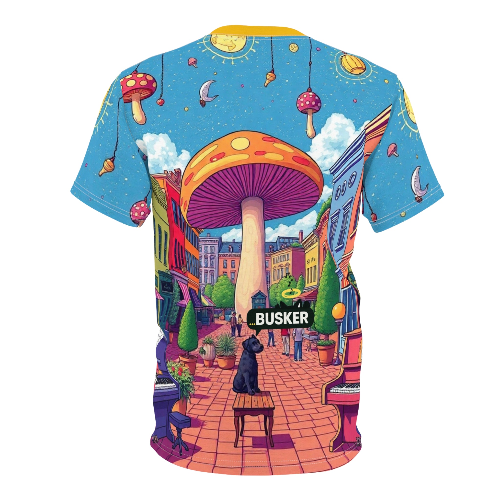 Colorful Mushroom Art Unisex Tee, Funky Graphic Tee, Gift for Music Lovers, Street Art Apparel, Summer Festival Shirt, Unique AOP T-Shirt