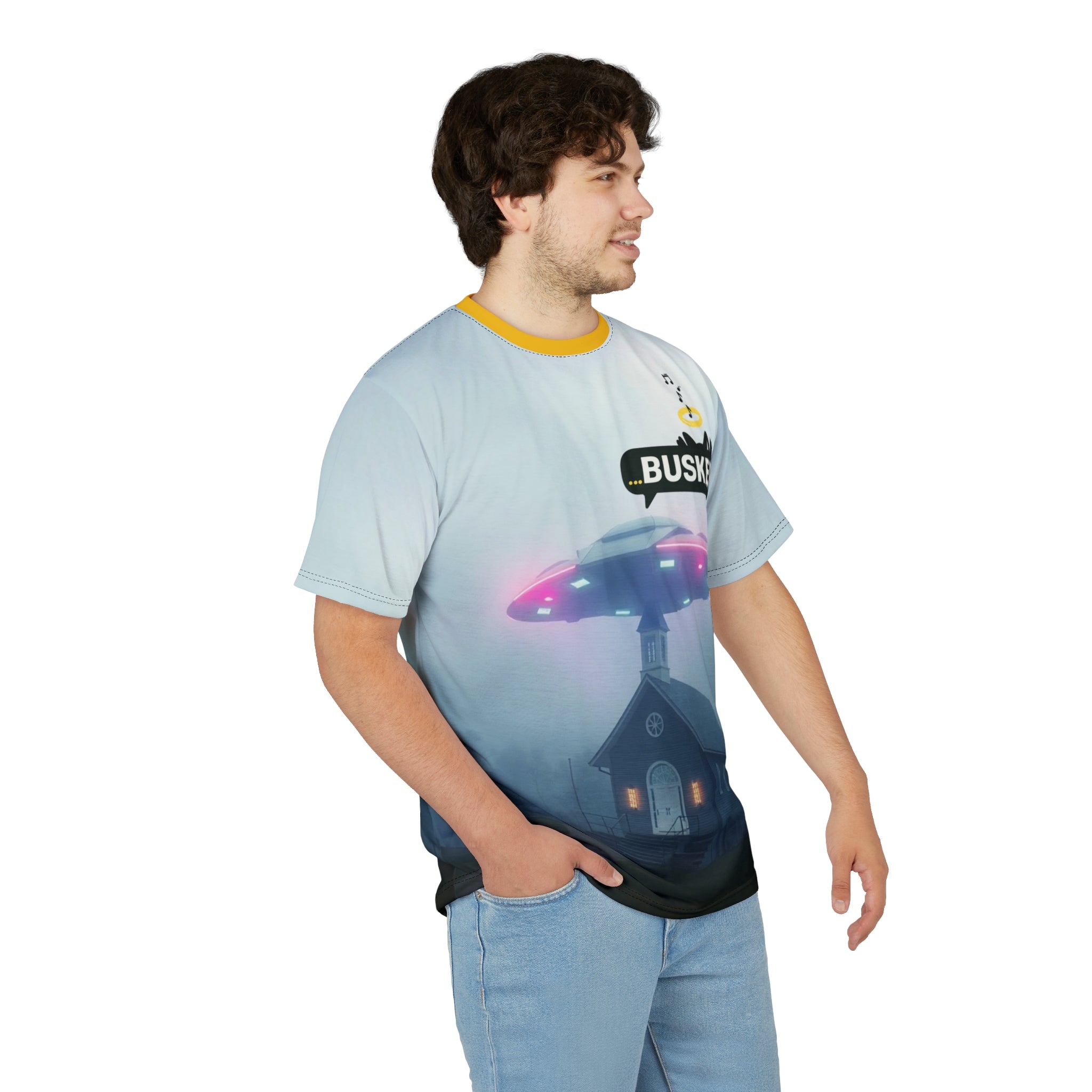 Cool Graphic Tee for Music Lovers | UFO Busker Design, Unique T-Shirt, Music Festival Wear, Quirky Gift, Unisex Casual Wear