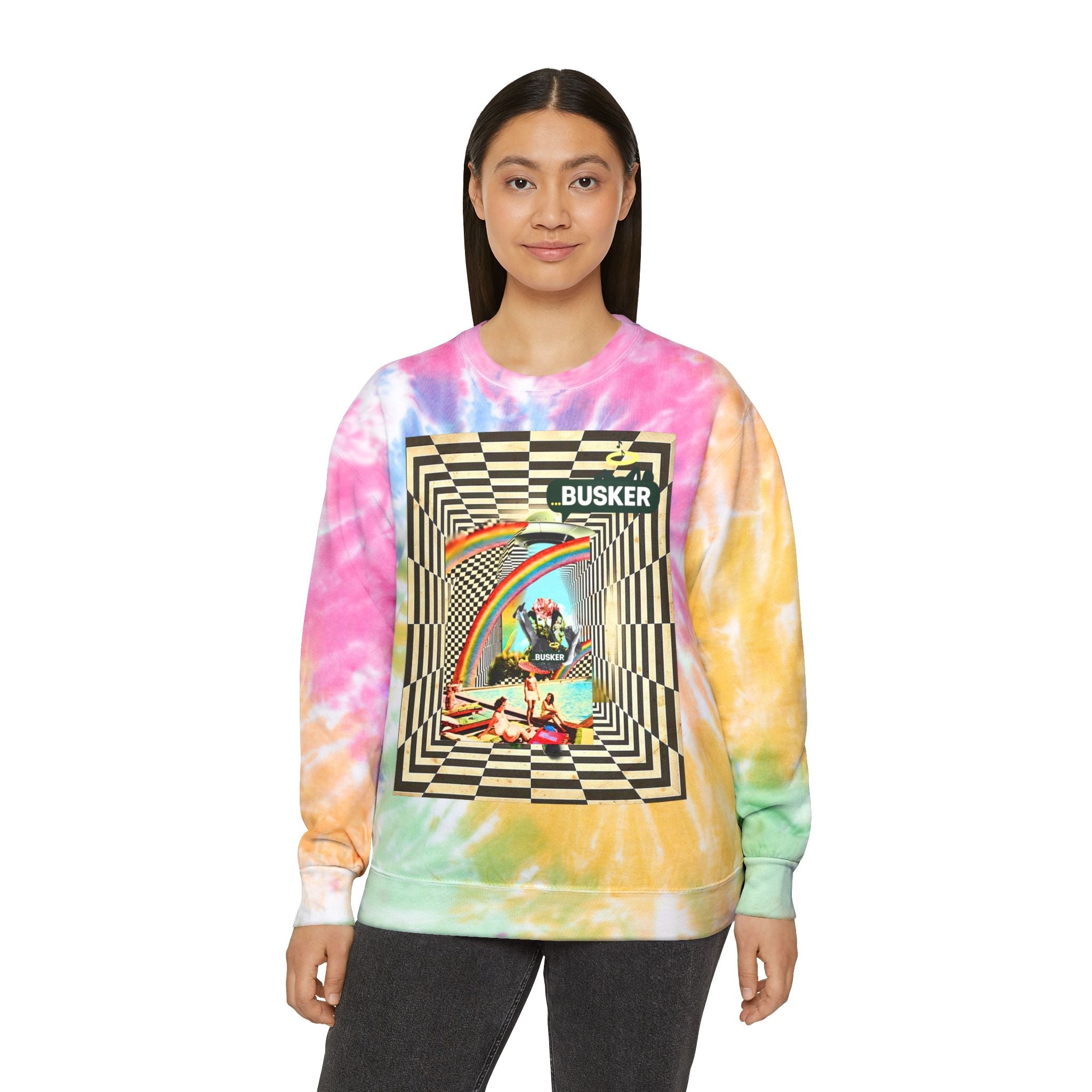 Retro Tie-Dye Sweatshirt with Rainbow Busker Design