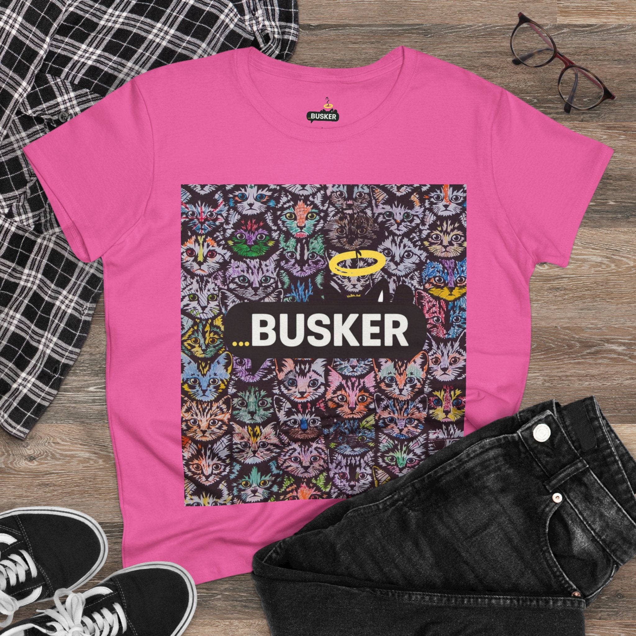 Colorful Cat Design Women's Tee, Casual Graphic Tee for Cat Lovers, Funny Gift for Friends, Summer Style, Unique Animal Art Shirt