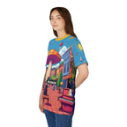 Colorful Mushroom Art Unisex Tee, Funky Graphic Tee, Gift for Music Lovers, Street Art Apparel, Summer Festival Shirt, Unique AOP T-Shirt