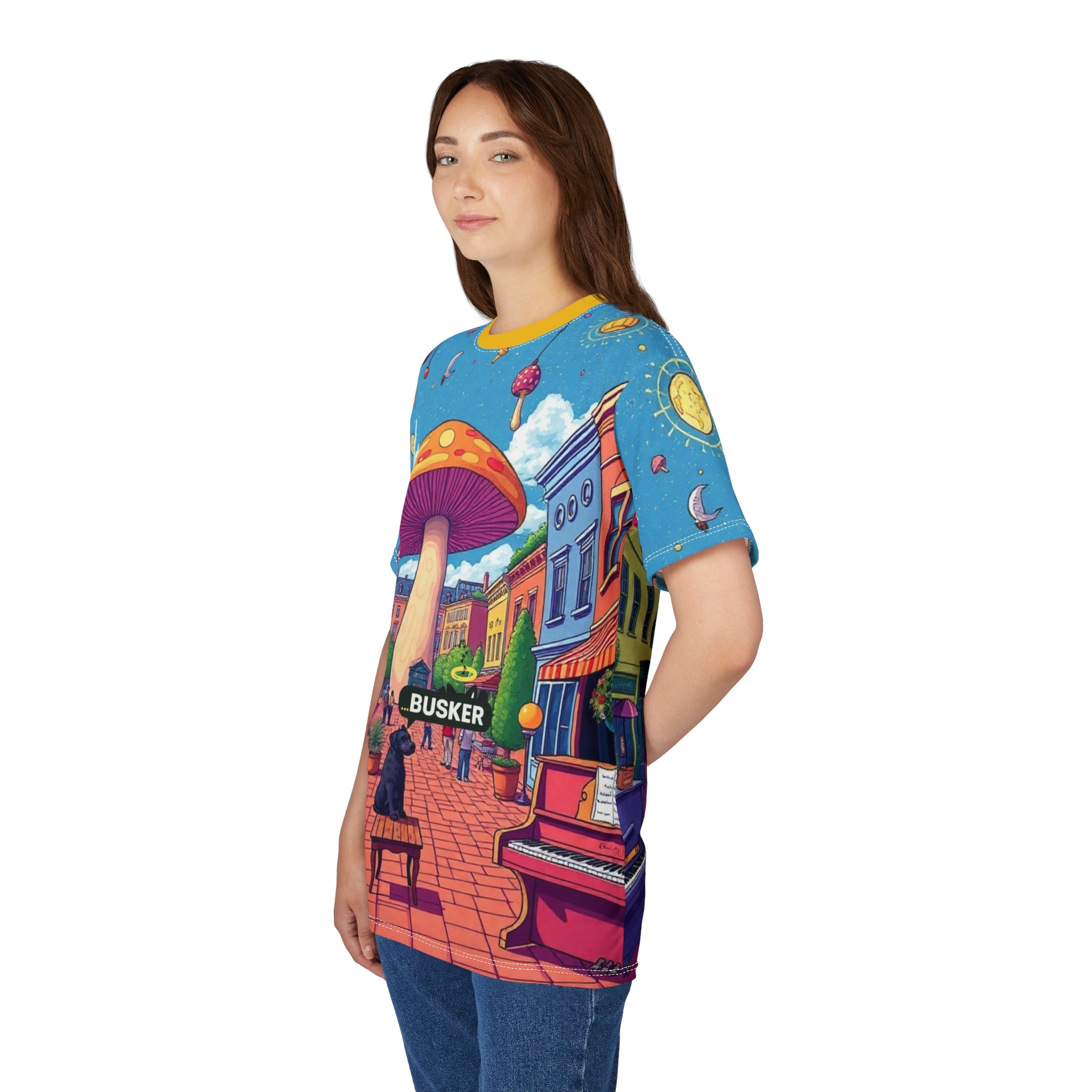 Colorful Mushroom Art Unisex Tee, Funky Graphic Tee, Gift for Music Lovers, Street Art Apparel, Summer Festival Shirt, Unique AOP T-Shirt