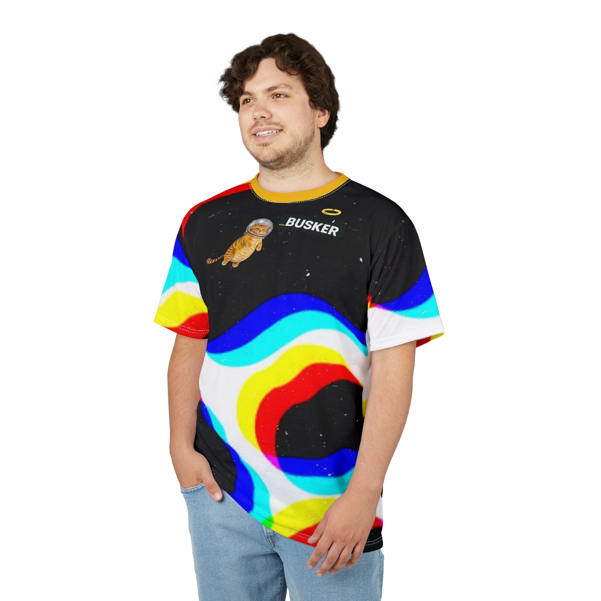 Cosmic Cat Unisex Tee, Bold Graphic T-Shirt for Astronaut Lovers, Fun Gift for Space Enthusiasts, Festival Wear, Statement Fashion