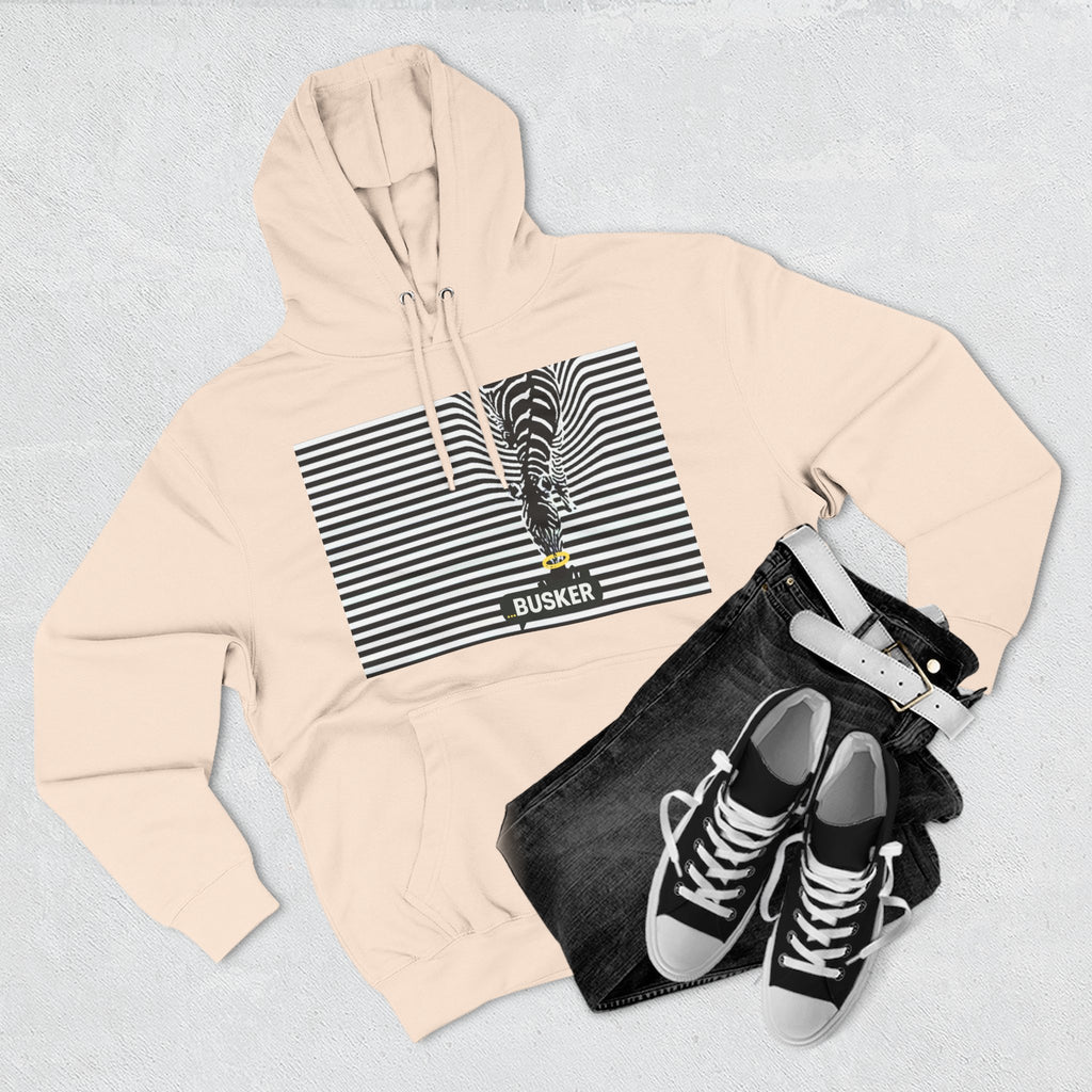 Busker Three-Panel Fleece Hoodie, Striped Design, Unisex Fashion Hoodie, Cozy Gift for Music Lovers, Street Performer Style