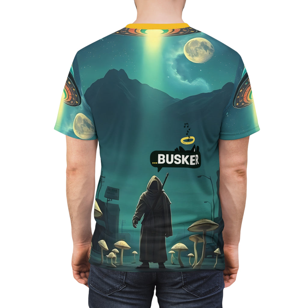 Cosmic Busker Unisex Tee, Galaxy T-Shirt, Sci-Fi Short Sleeve Shirt, Unique Graphic Top, Music Lover Gift, Street Performer Apparel