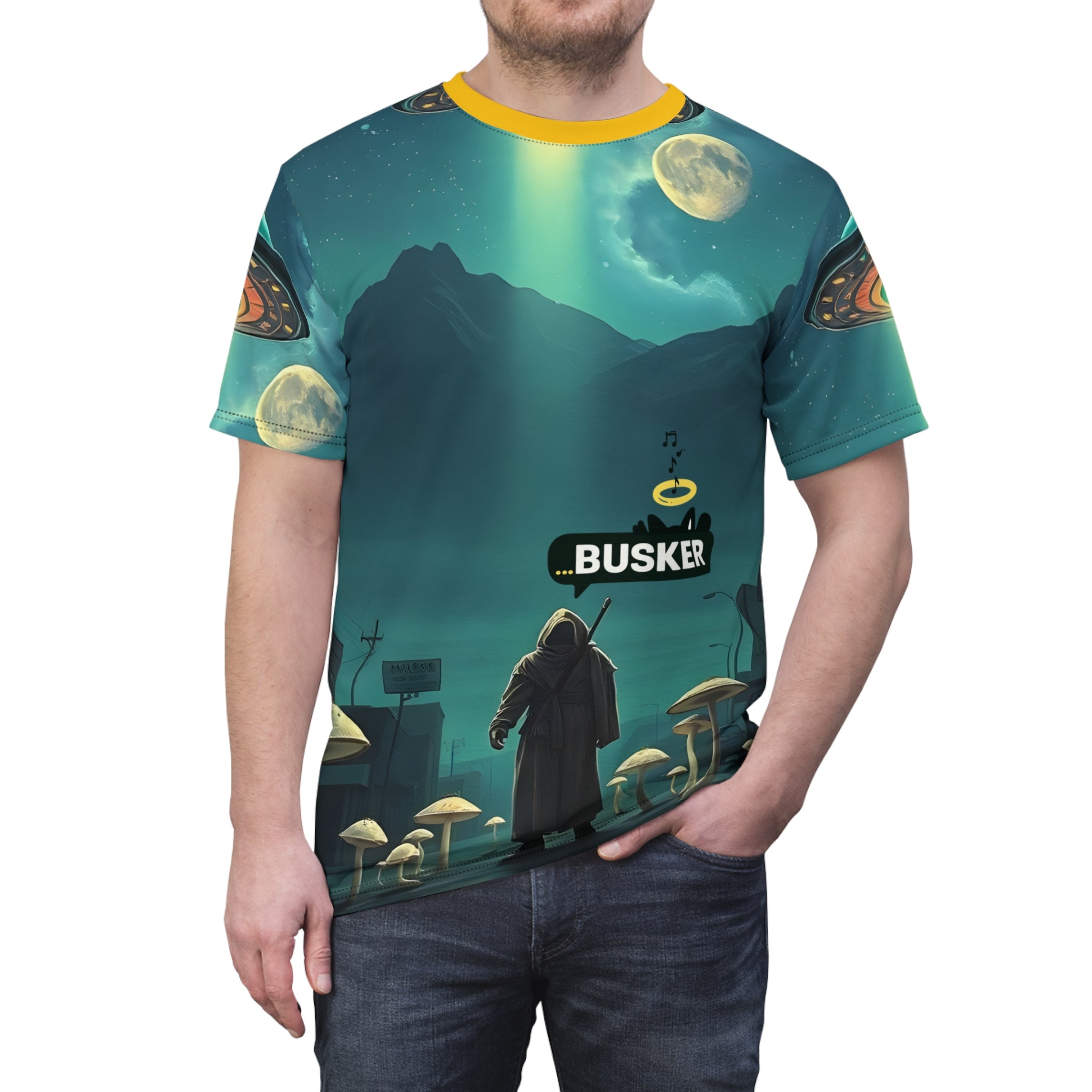 Cosmic Busker Unisex Tee, Galaxy T-Shirt, Sci-Fi Short Sleeve Shirt, Unique Graphic Top, Music Lover Gift, Street Performer Apparel