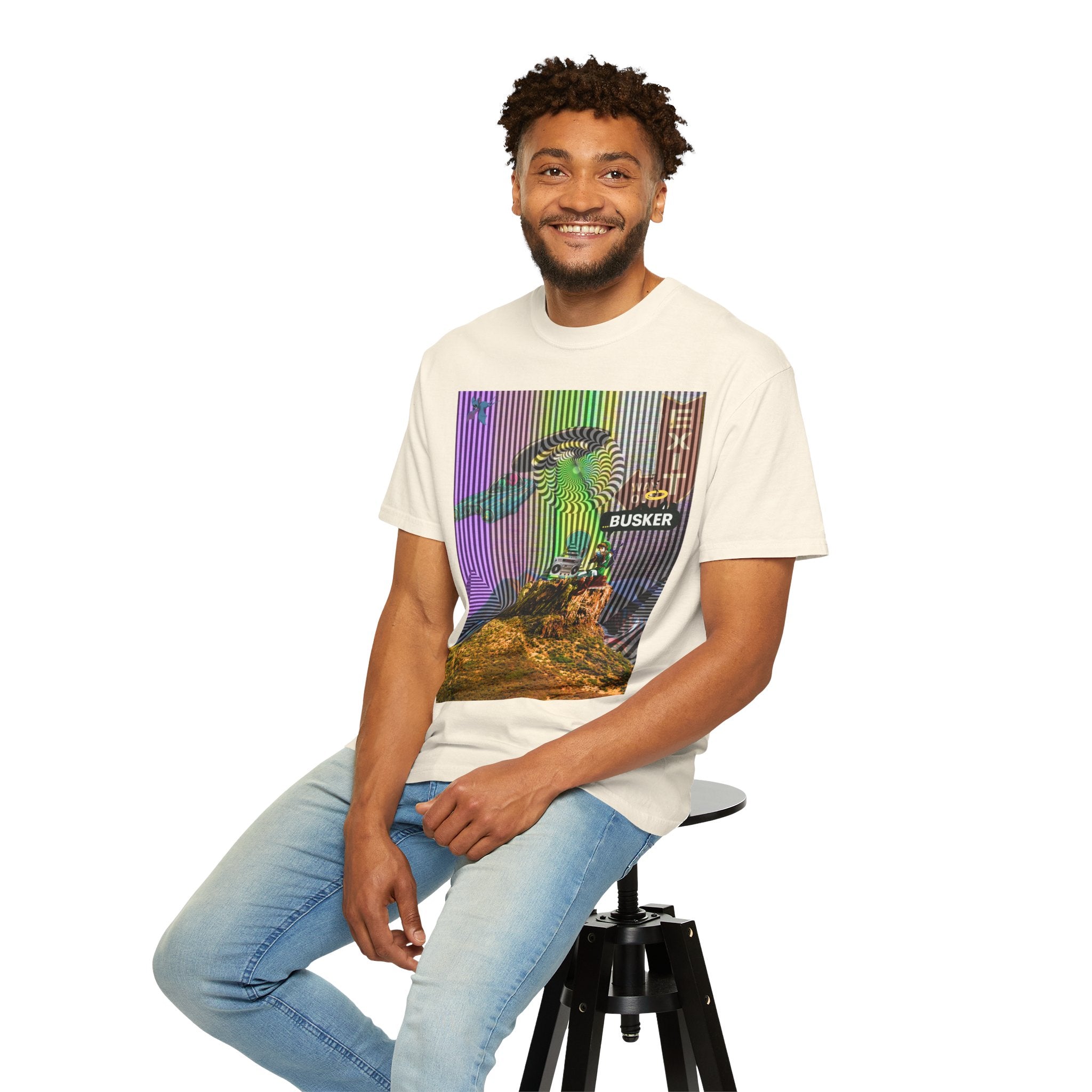 Psychedelic Busker T-Shirt, Unisex Graphic Tee, Music Lover Gift, Festival Wear, Casual Streetwear, Colorful Arttee