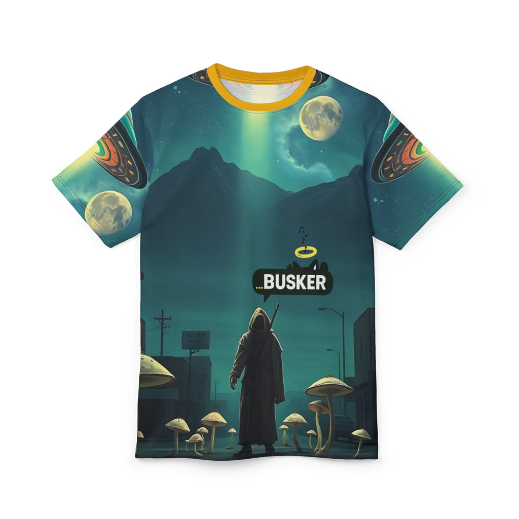 Cosmic Busker Unisex Tee, Galaxy T-Shirt, Sci-Fi Short Sleeve Shirt, Unique Graphic Top, Music Lover Gift, Street Performer Apparel