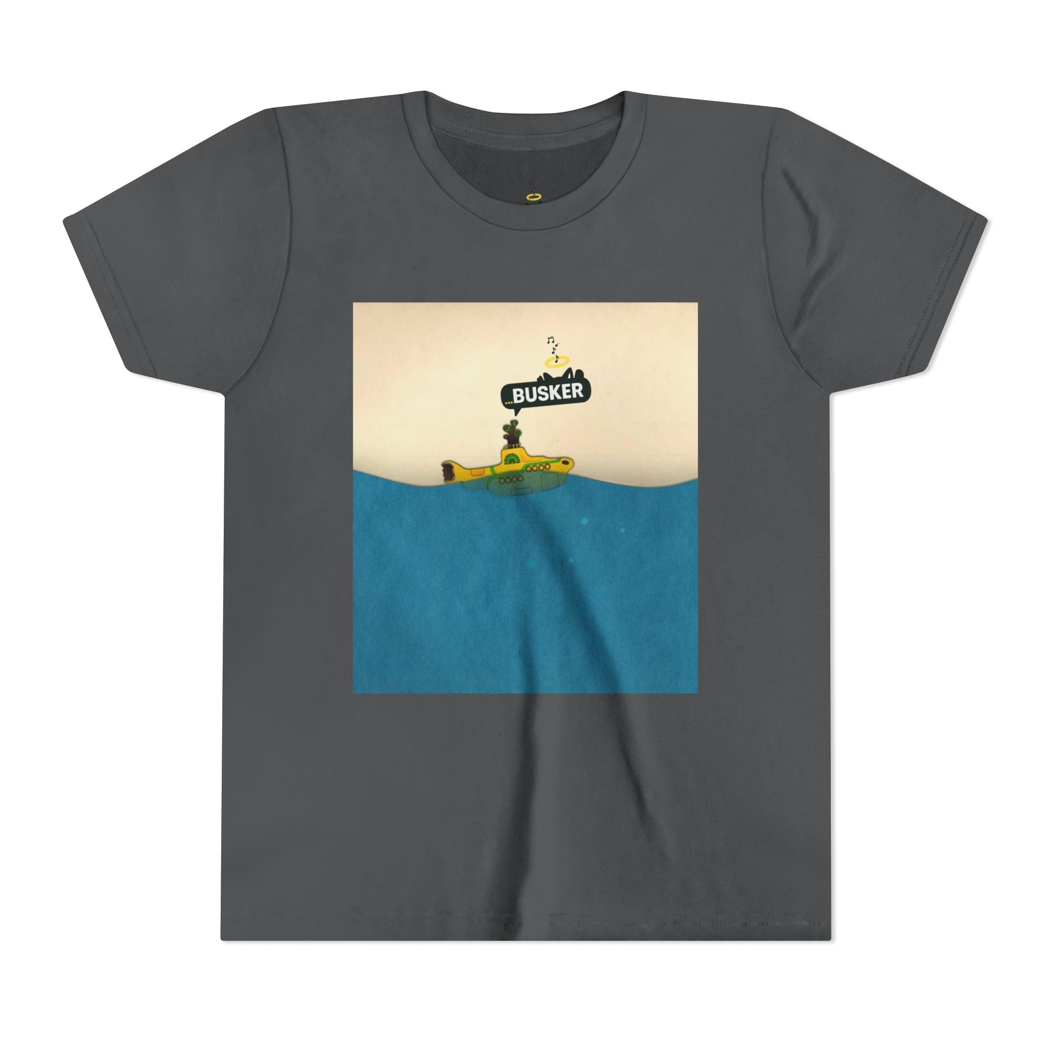 Whimsical Youth Tee with 'Busker' Design, Fun Gift, Summer Style, Music Lovers, Kid's Fashion, Creative Apparel