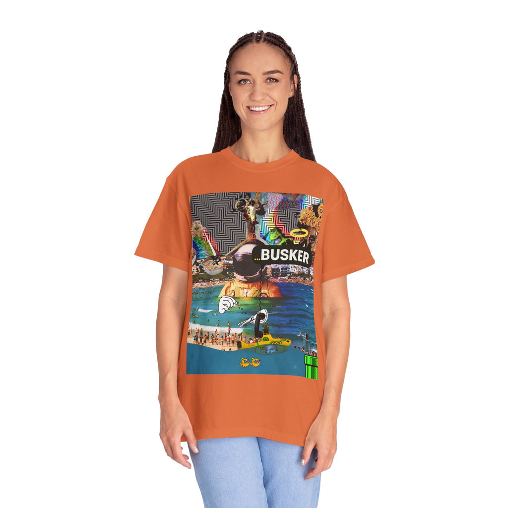 Vibrant Busker T-Shirt, Unisex Graphic Tee, Street Art Inspired Apparel, Casual Wear, Summer Festival Clothing