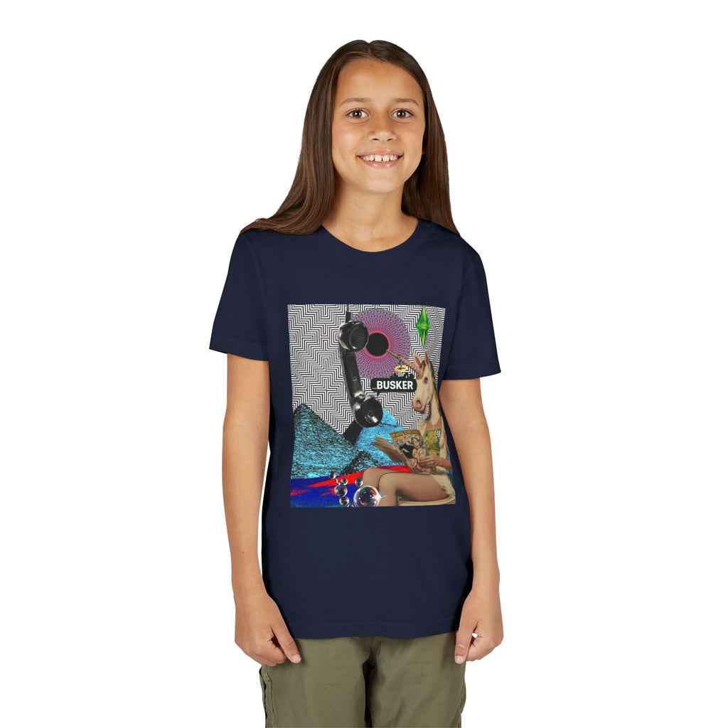 Youth Graphic Tee with Fun 'Busker' Design, Cool Summer Shirt, Gifts for Kids, Festival Attire, Trendy Youthwear