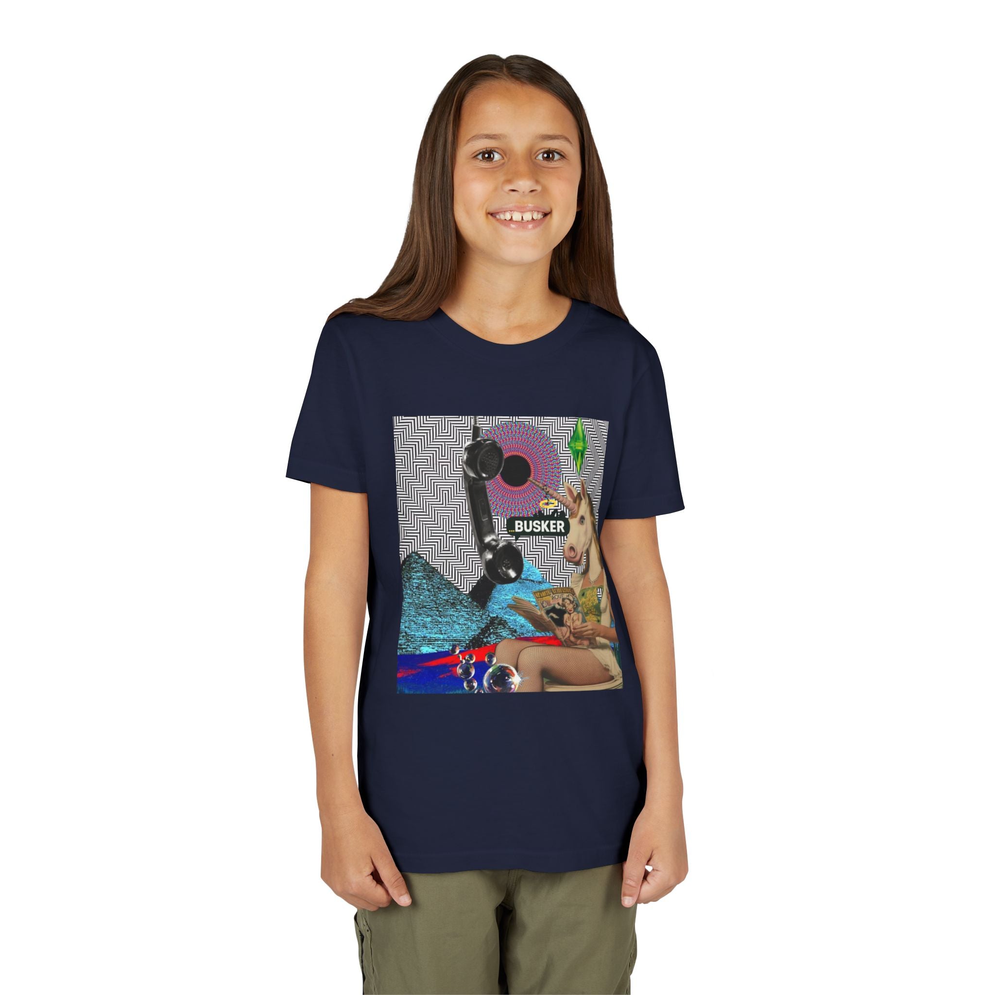 Youth Graphic Tee with Fun 'Busker' Design, Cool Summer Shirt, Gifts for Kids, Festival Attire, Trendy Youthwear