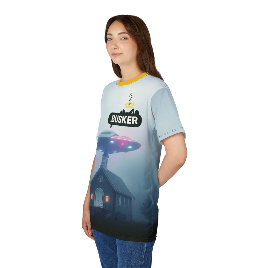 Cool Graphic Tee for Music Lovers | UFO Busker Design, Unique T-Shirt, Music Festival Wear, Quirky Gift, Unisex Casual Wear