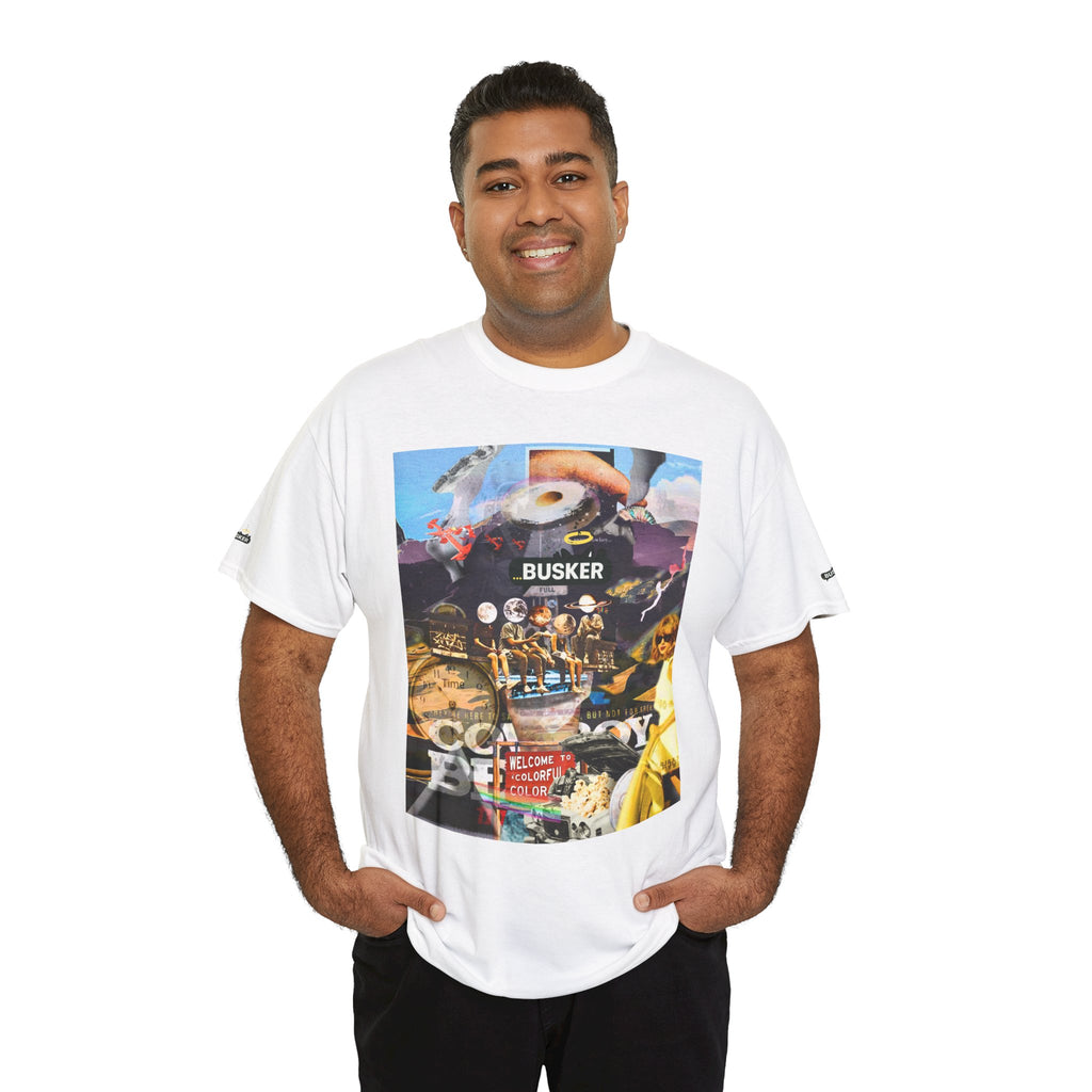 Busker Collage Graphic Tee — Vintage Music Poster Streetwear
