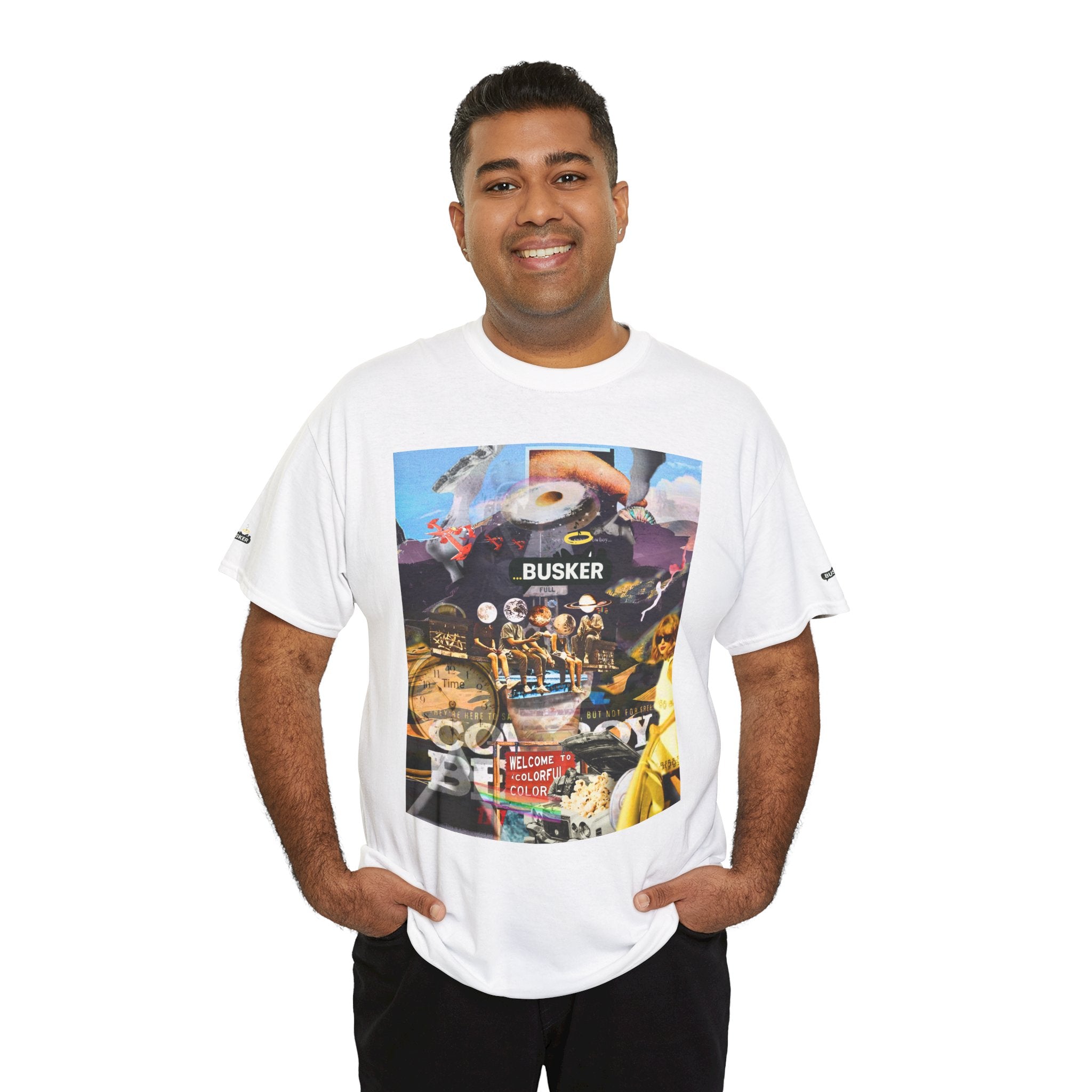Busker Collage Graphic Tee — Vintage Music Poster Streetwear