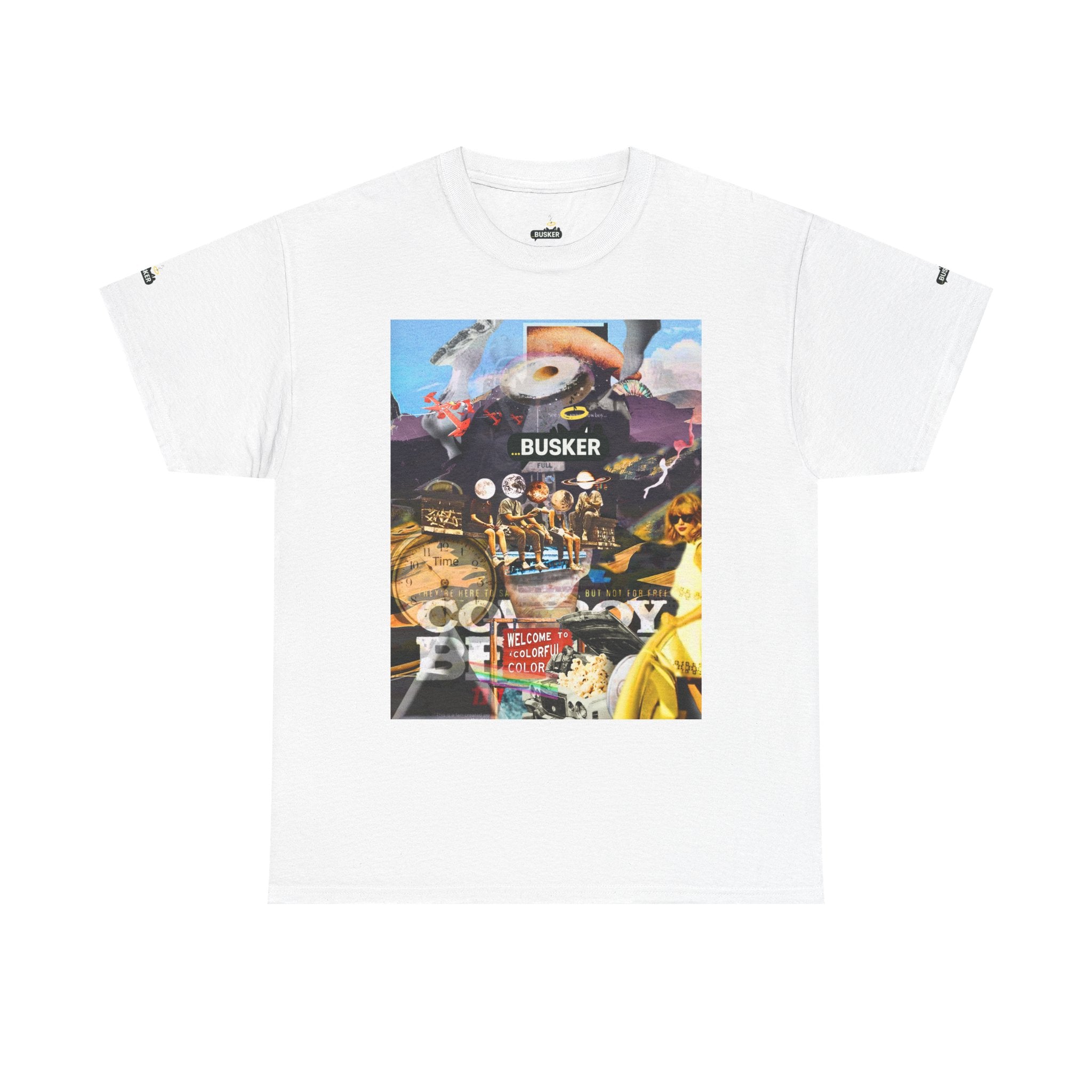 Busker Collage Graphic Tee — Vintage Music Poster Streetwear
