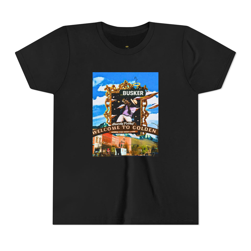Golden Busker Youth Tee, Summer T-Shirt, Kids Casual Wear, Music Festival Swag, Gift for Young Artists