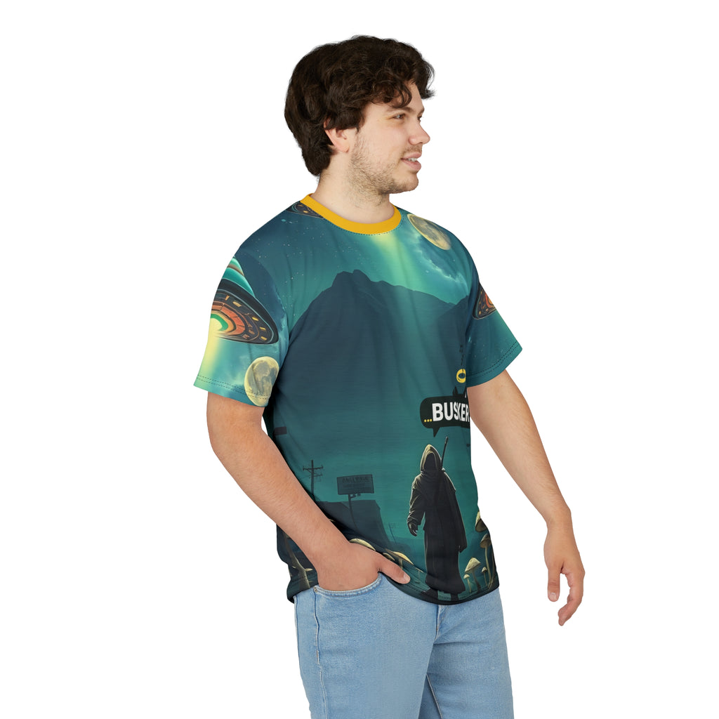 Cosmic Busker Unisex Tee, Galaxy T-Shirt, Sci-Fi Short Sleeve Shirt, Unique Graphic Top, Music Lover Gift, Street Performer Apparel