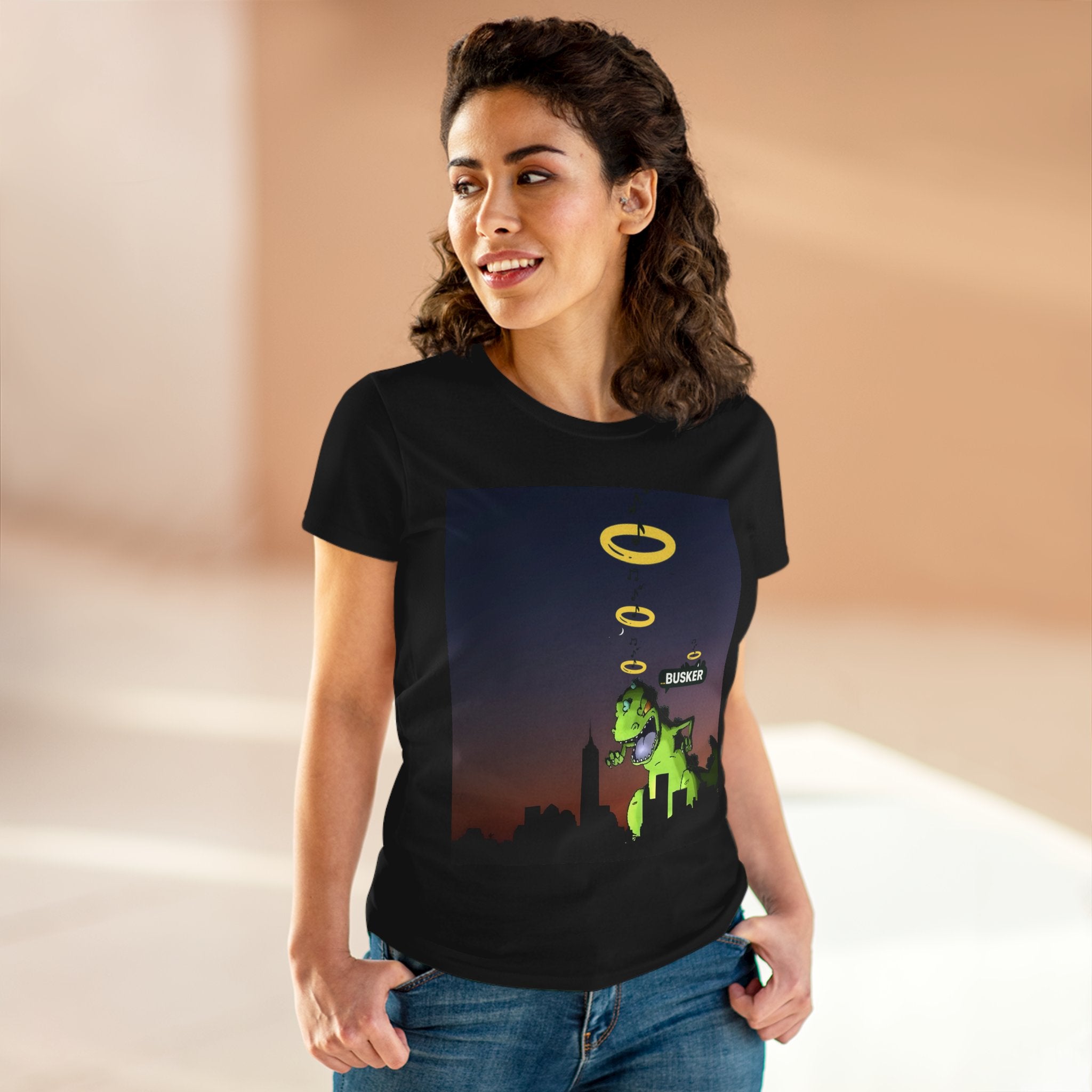 Dinosaur Busker Tee - Fun Women's Cotton T-Shirt, Casual Wear, Gift for Music Lovers, Dinosaur Design, Summer Essential