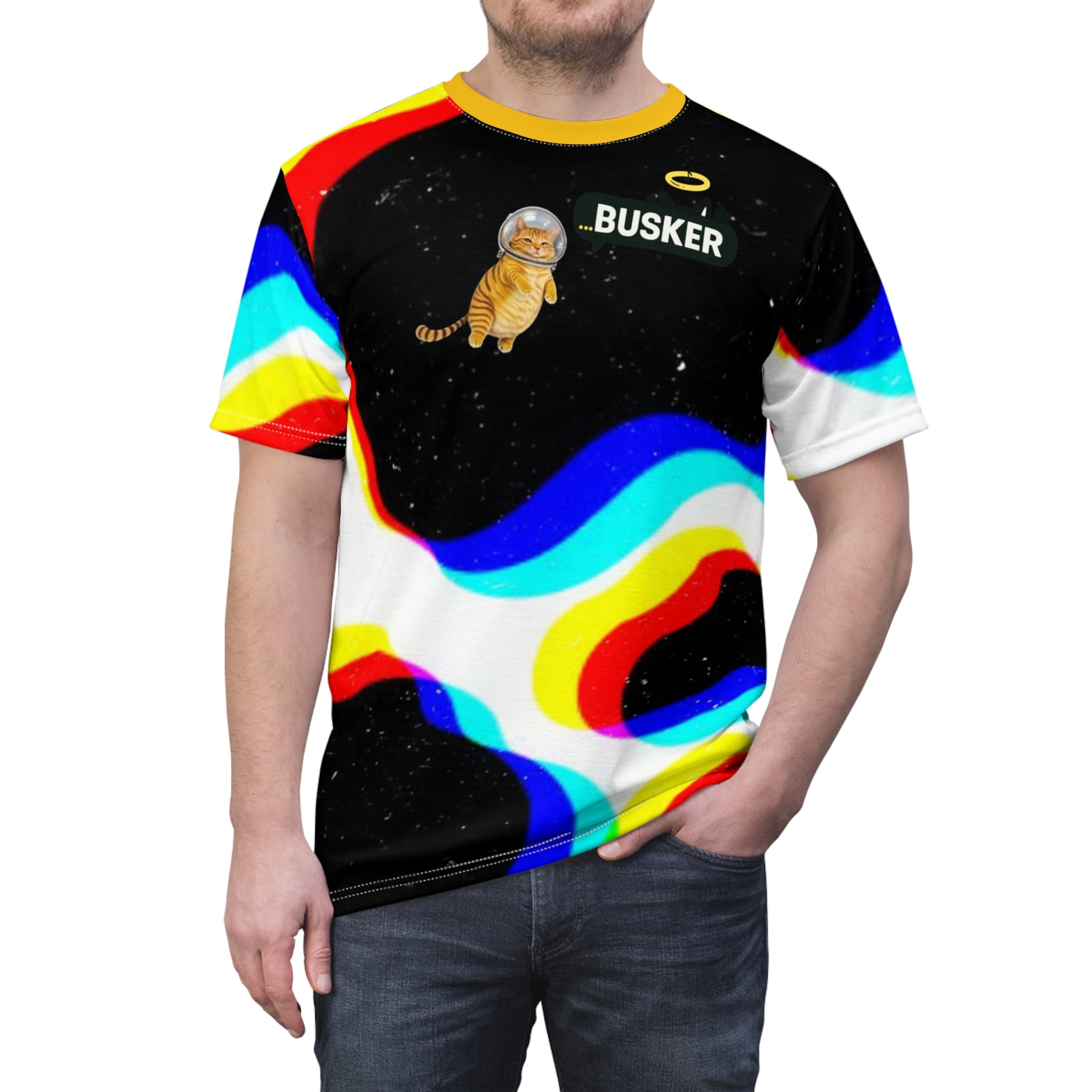 Cosmic Cat Unisex Tee, Bold Graphic T-Shirt for Astronaut Lovers, Fun Gift for Space Enthusiasts, Festival Wear, Statement Fashion