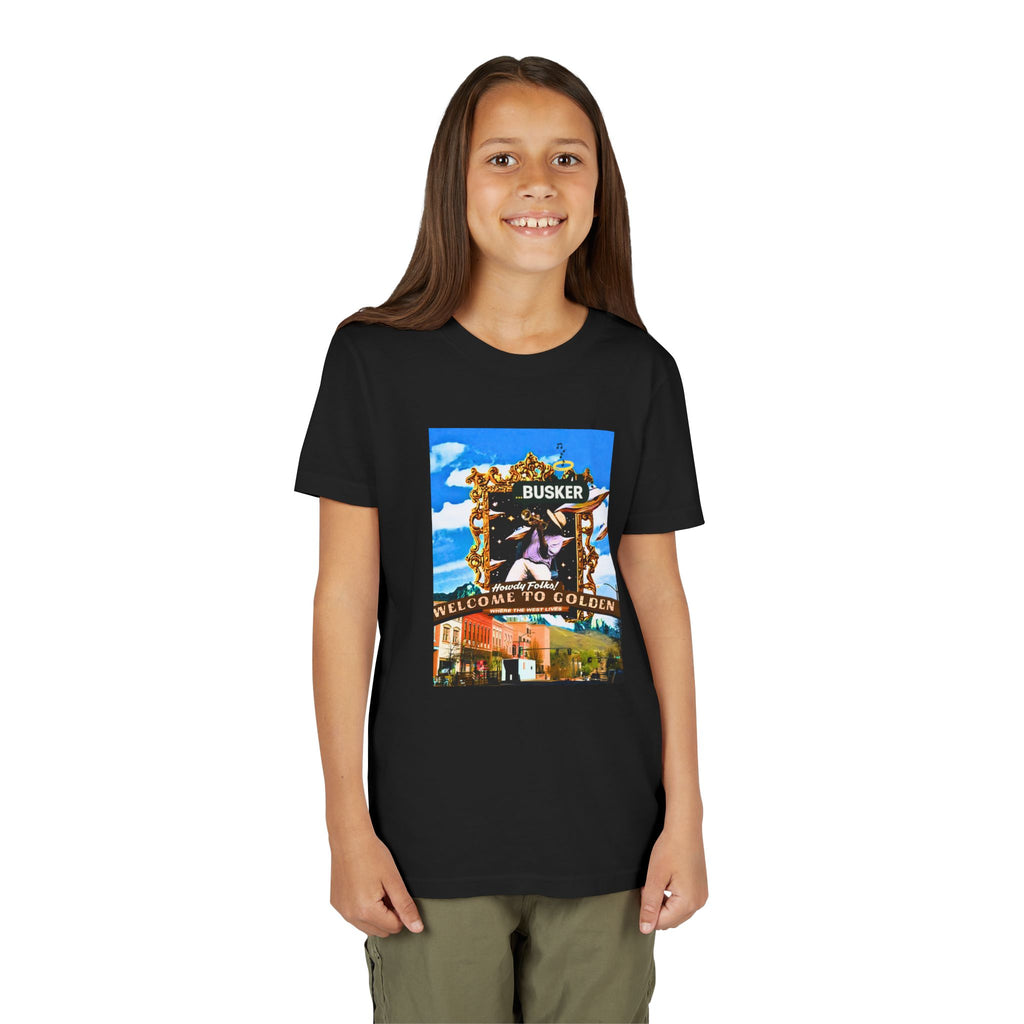 Golden Busker Youth Tee, Summer T-Shirt, Kids Casual Wear, Music Festival Swag, Gift for Young Artists