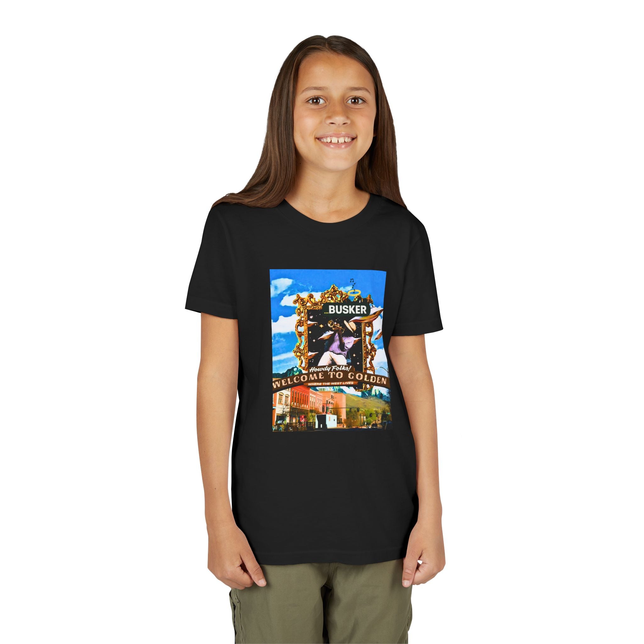 Golden Busker Youth Tee, Summer T-Shirt, Kids Casual Wear, Music Festival Swag, Gift for Young Artists