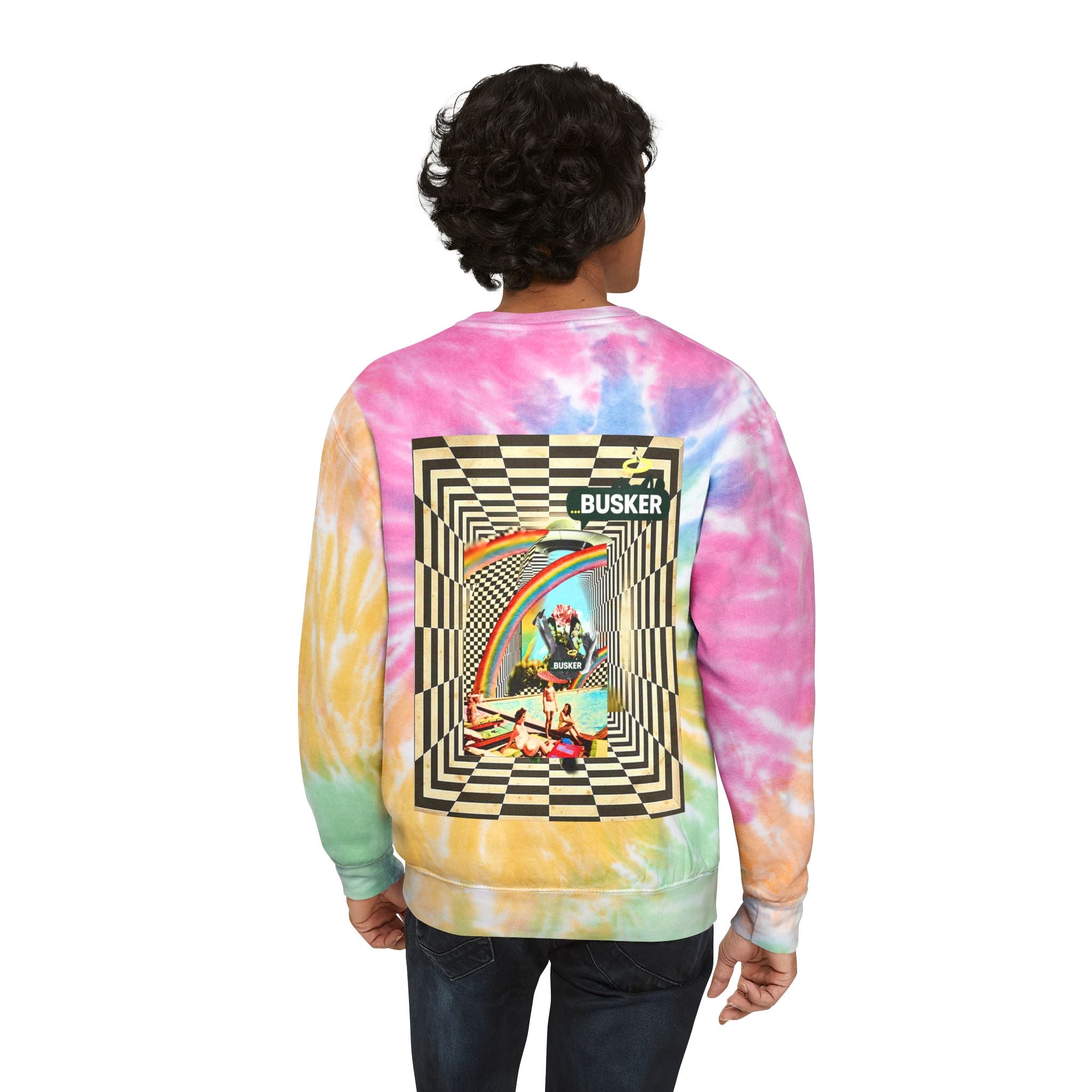 Retro Tie-Dye Sweatshirt with Rainbow Busker Design
