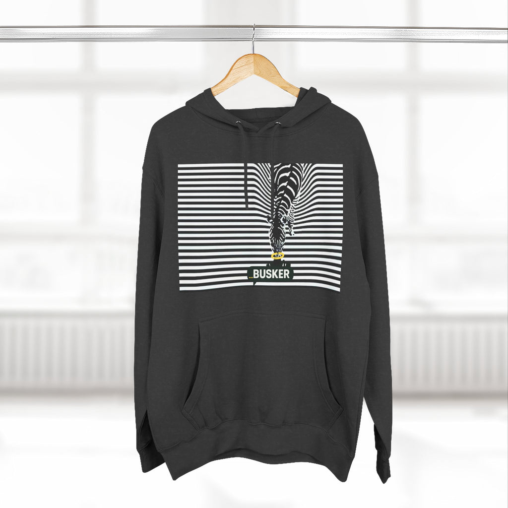 Busker Three-Panel Fleece Hoodie, Striped Design, Unisex Fashion Hoodie, Cozy Gift for Music Lovers, Street Performer Style