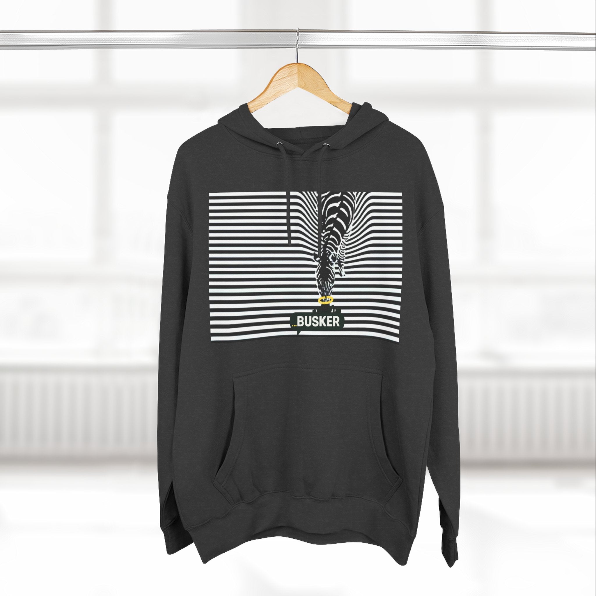 Busker Three-Panel Fleece Hoodie, Striped Design, Unisex Fashion Hoodie, Cozy Gift for Music Lovers, Street Performer Style