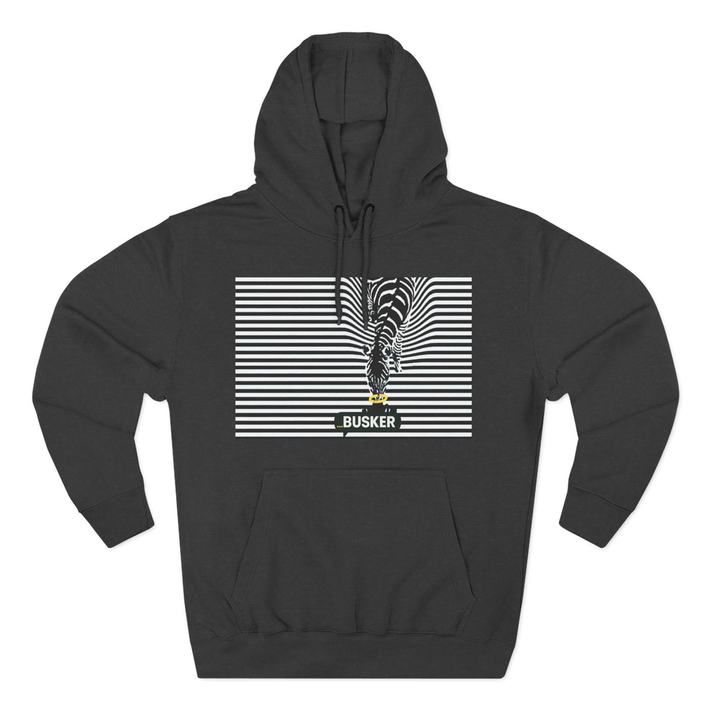 Busker Three-Panel Fleece Hoodie, Striped Design, Unisex Fashion Hoodie, Cozy Gift for Music Lovers, Street Performer Style