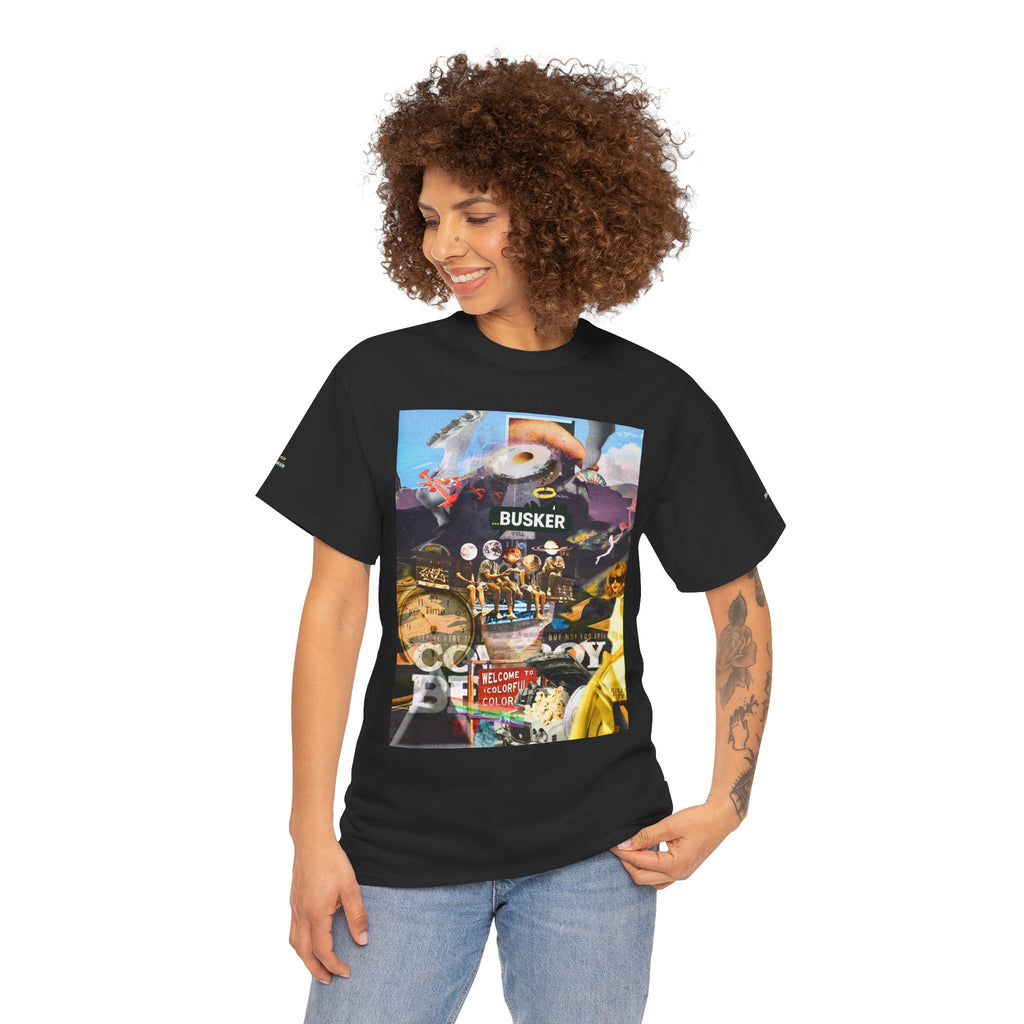 Busker Collage Graphic Tee — Vintage Music Poster Streetwear