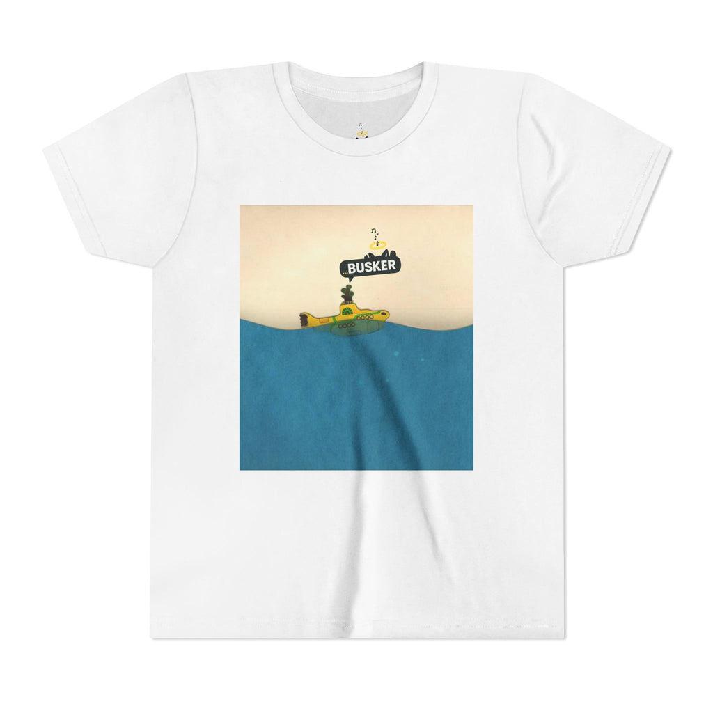 Whimsical Youth Tee with 'Busker' Design, Fun Gift, Summer Style, Music Lovers, Kid's Fashion, Creative Apparel