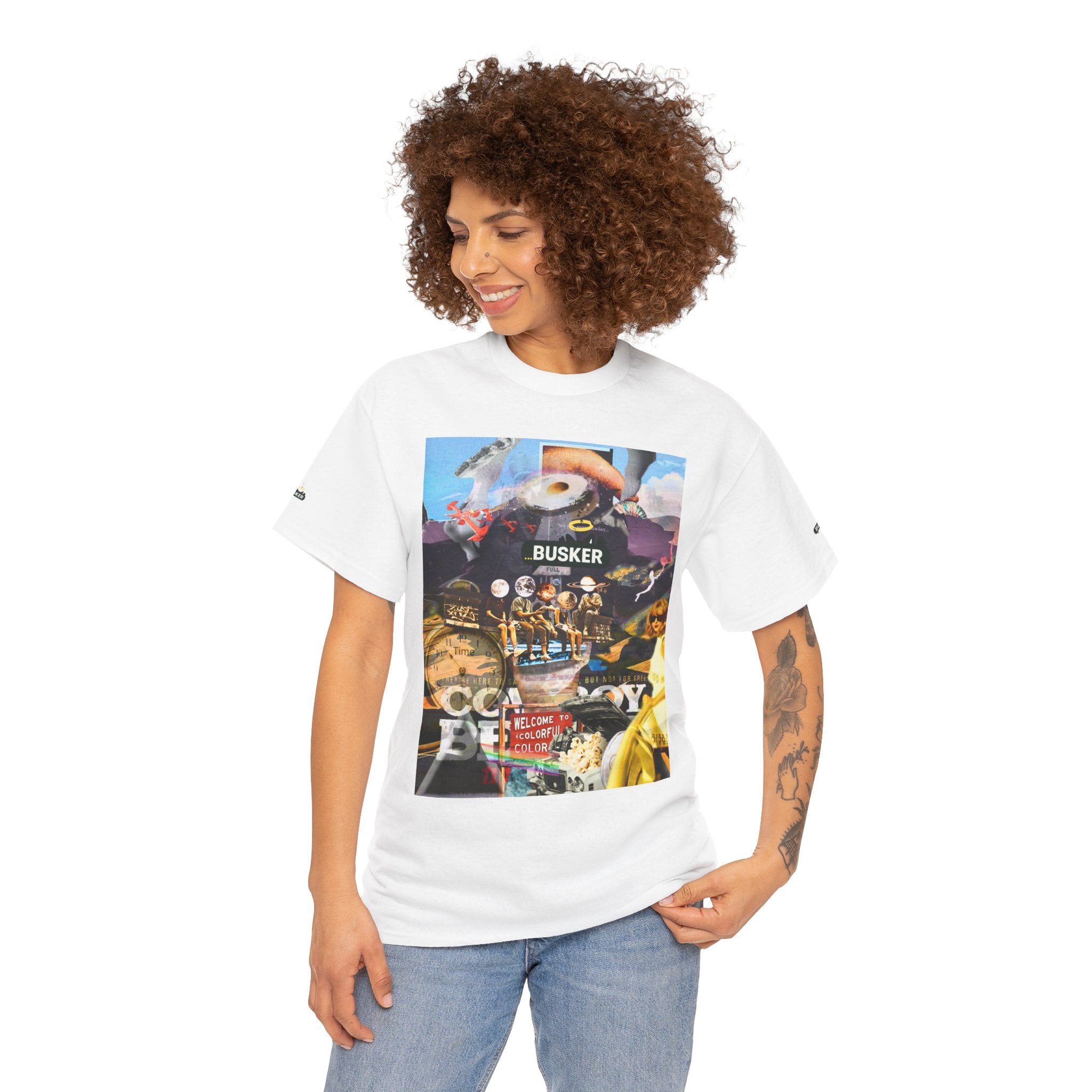 Busker Collage Graphic Tee — Vintage Music Poster Streetwear