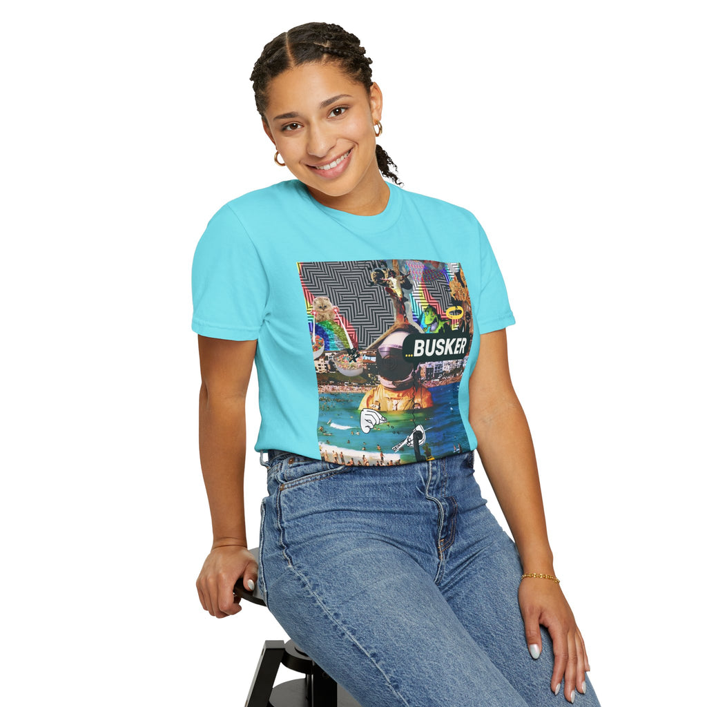 Vibrant Busker T-Shirt, Unisex Graphic Tee, Street Art Inspired Apparel, Casual Wear, Summer Festival Clothing