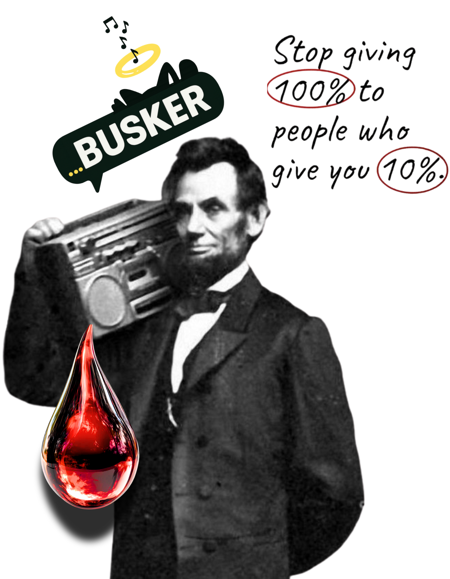 Black and white image of a historical figure holding a boombox with text and graphics overlay.